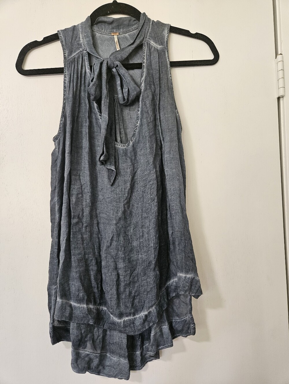 Free People Denim Blue Acid Wash High Neck Tie Front Tank Top Size XS